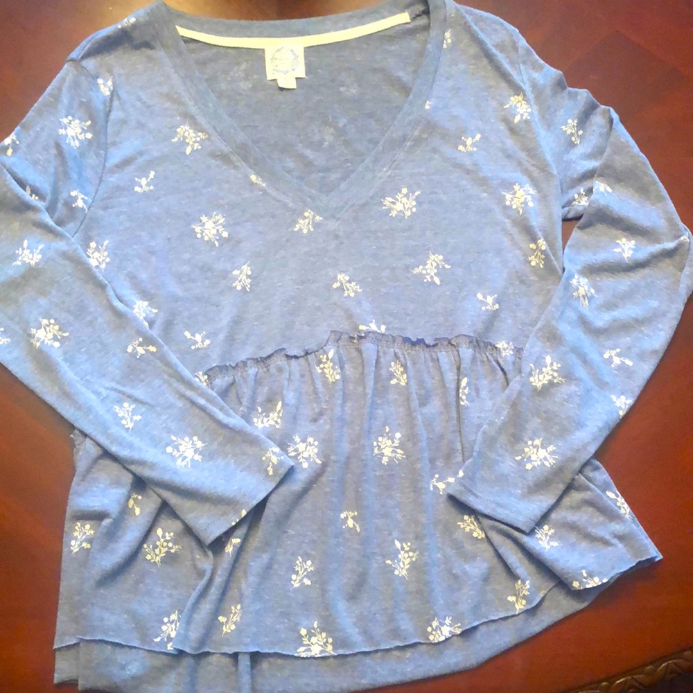Blue Rain denim colored long sleeve ruffle T shirt